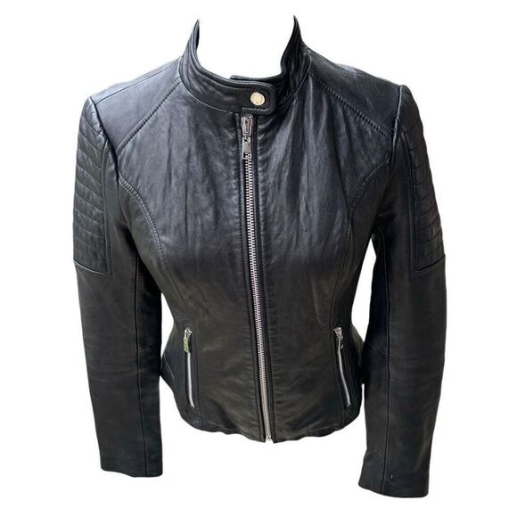 Wilsons Genuine Leather Motor Jacket Black Full Zip Quilted Shoulder Size XS VTG - Picture 11 of 12